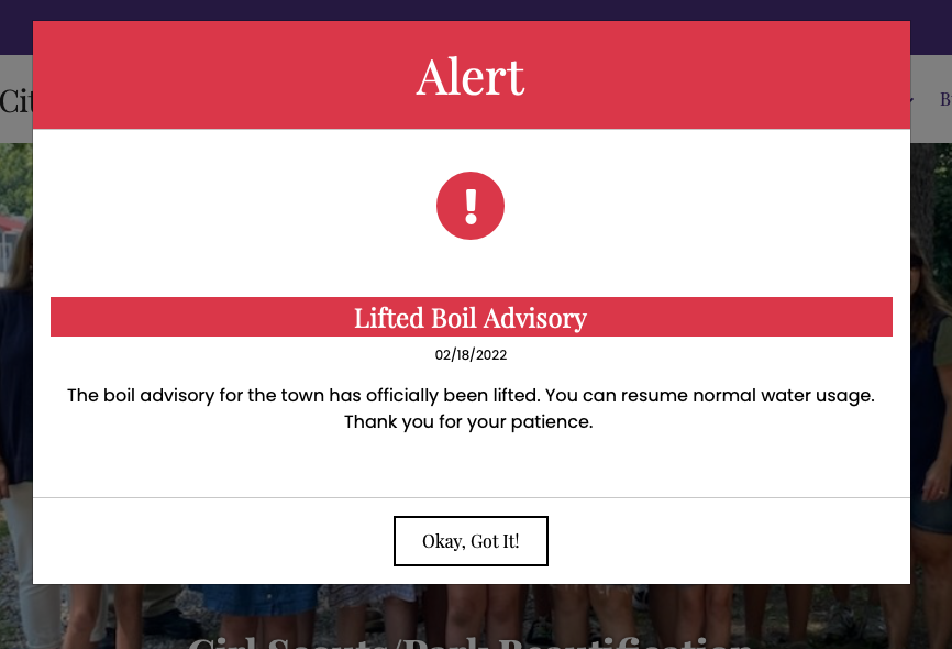 Screenshot of an alert on a city website advising that a boil advisory has been lifted