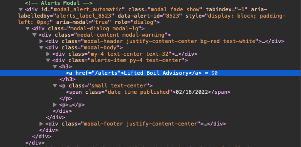 Screenshot of HTML source from the boil advisory alerts modal