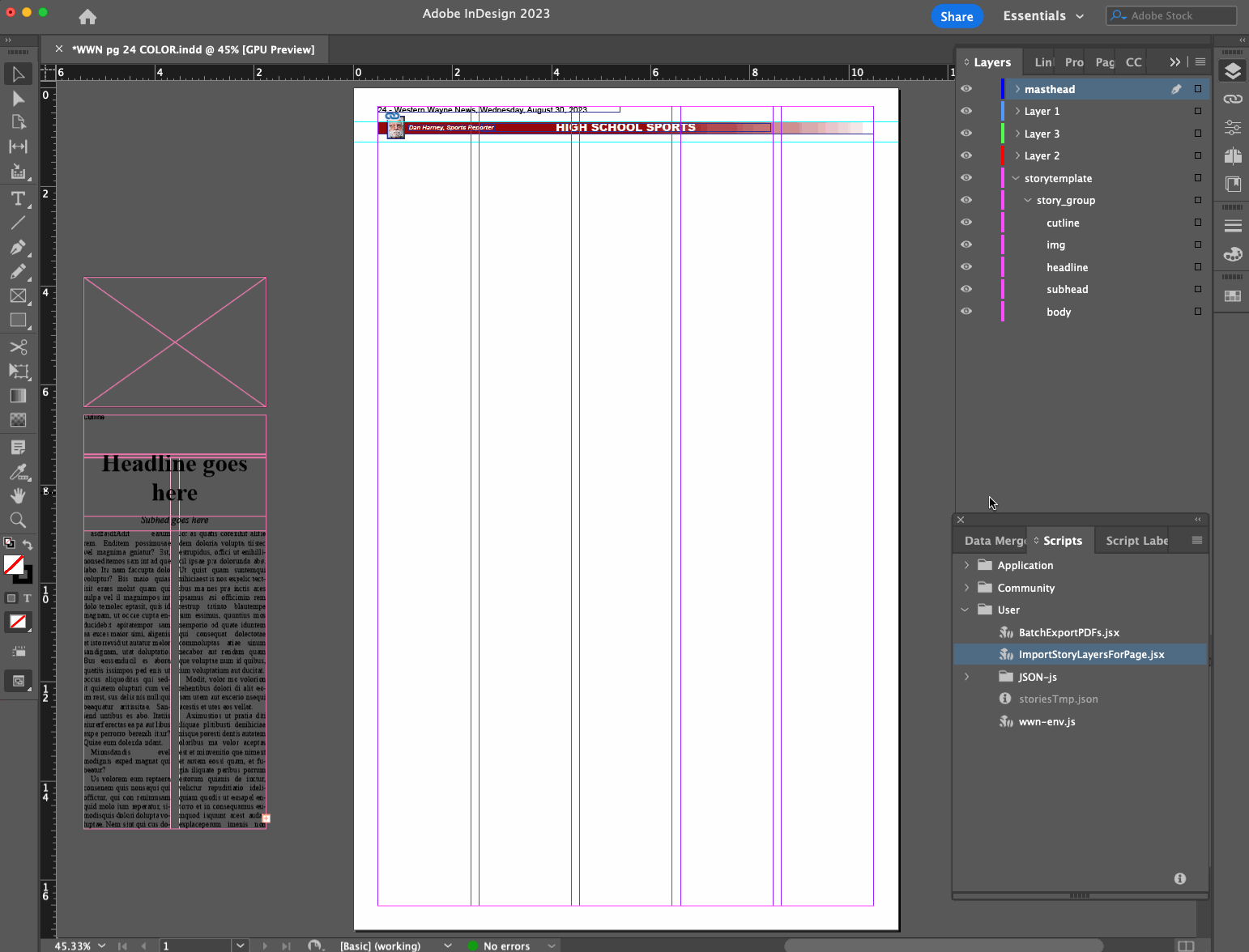 A screen capture of an InDesign layout window running the discussed script and importing story layers onto the page.