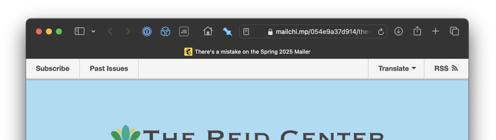 A screenshot of a Safari browser window visiting a Mailchimp email campaign archive, which includes a header bar with buttons "Subscribe", "Past Issues", "Translate" and "RSS".