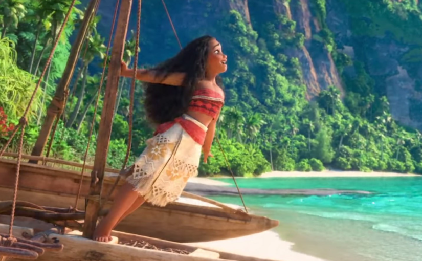 Capture from Disney's Moana movie, where Moana sings "How Far I'll Go"