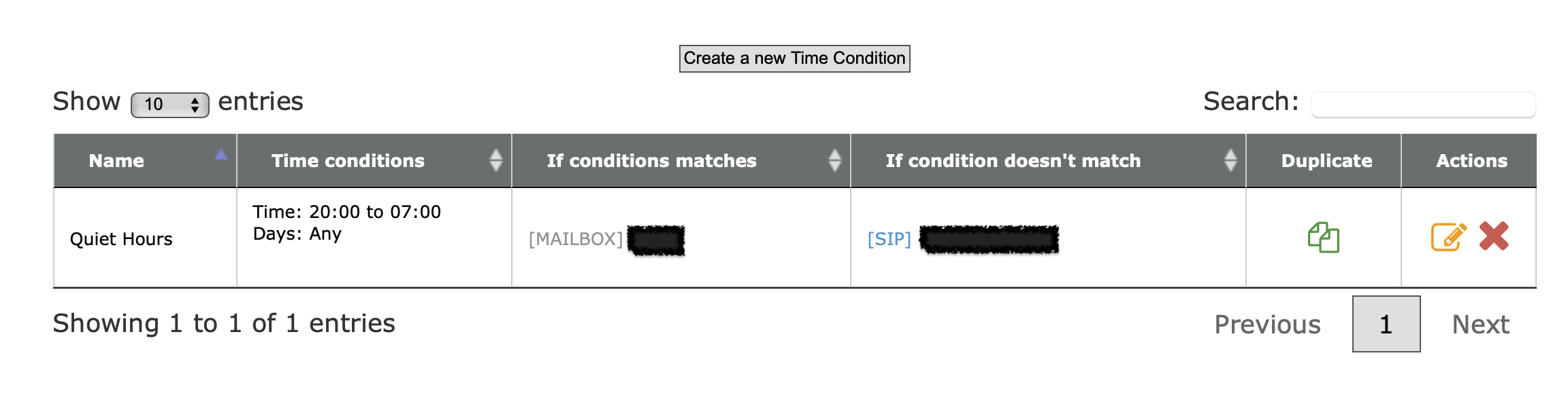 Screenshot of time conditions setup at voip.ms