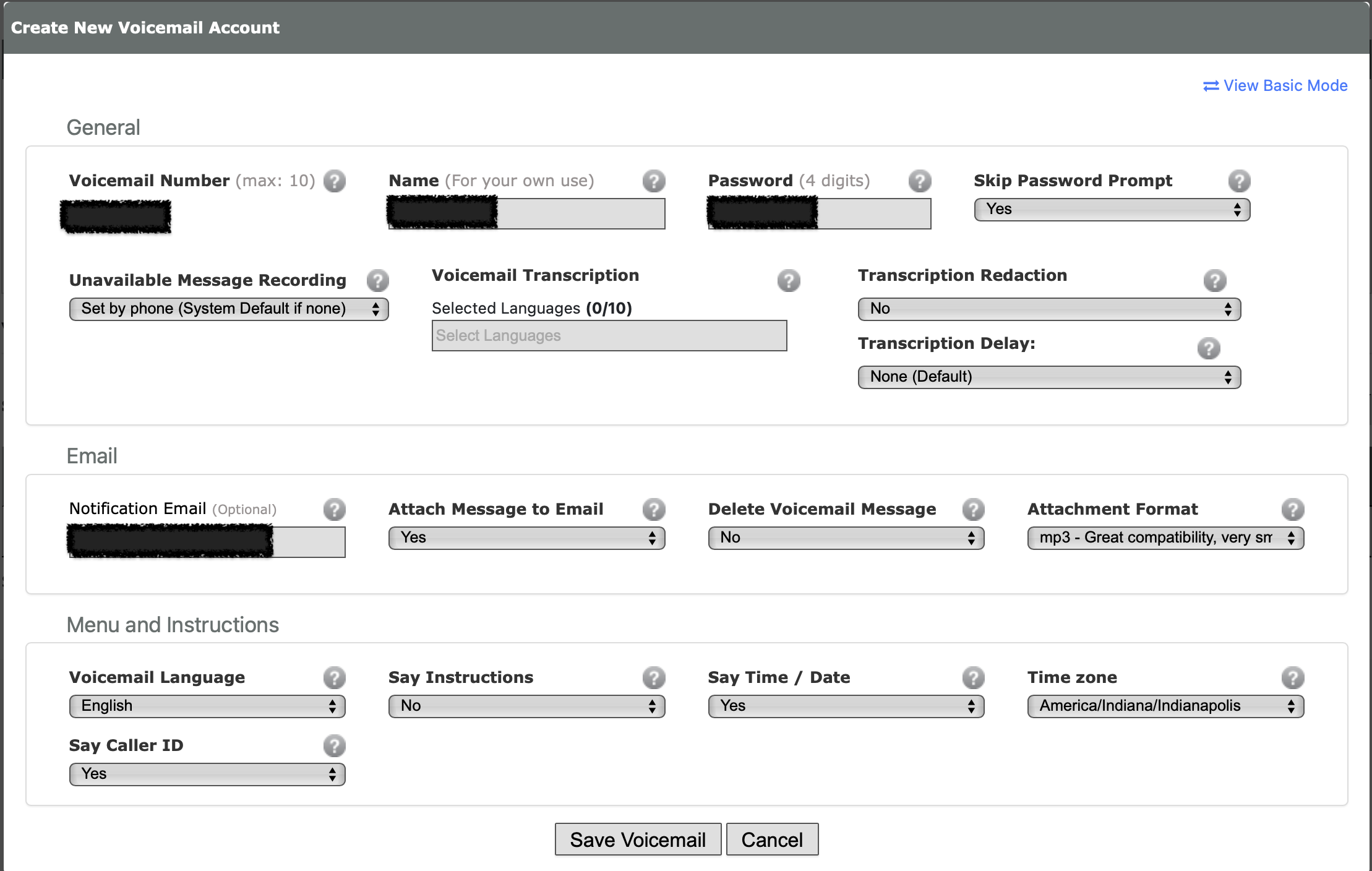 Screenshot of voicemail config at voip.ms